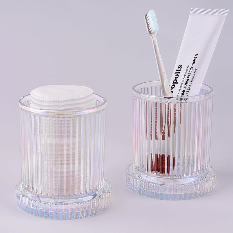 MKOSAB 2 Pack Qtip Holder - Apothecary Jars with Lids, Bathroom Organizers and Storage Canister for Cotton Balls,Swabs,Floss Picks,Hair Ties,Clear Glass Vintage Bathroom Decor Jar Set (Iridescent) - Image 4